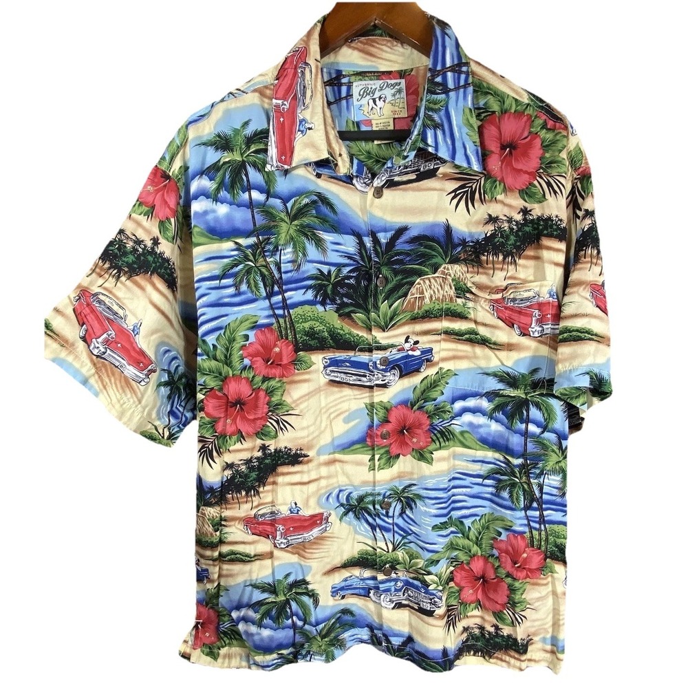 Big Dogs Men's Large Shirt Tropical Cruise Hawaiian Button Up Hot Rod Cars Beach